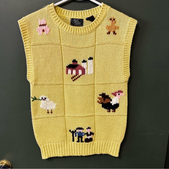 Vintage Sweaters - Vintage Oak Bluff Farm Animal Farmer Knit Sleeveless Sweater Vest Butter Yellow